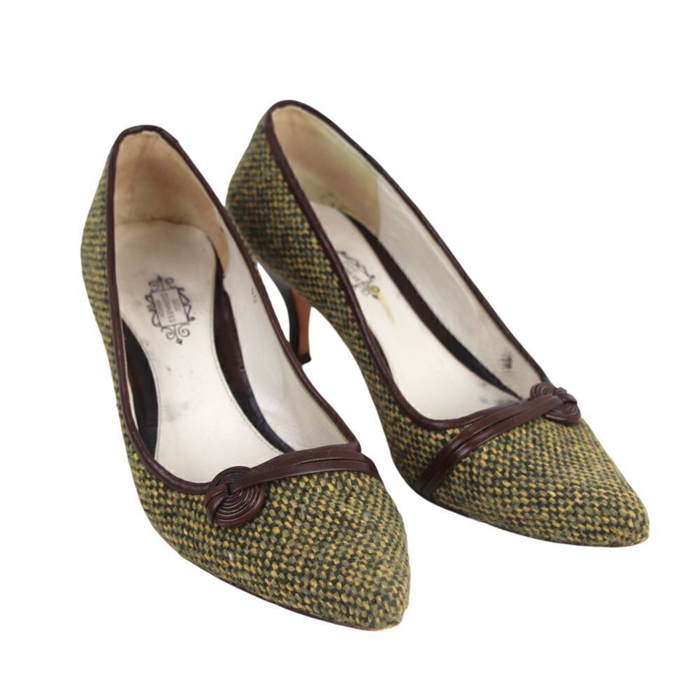 Lulu Guinness GREEN TAPESTRY LEATHER MID HEEL POINTED CLASSIC PUMP SHOES Sz 40